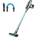 Aspirateur vertical associant l'entretien des sols au coloris gris et bleu