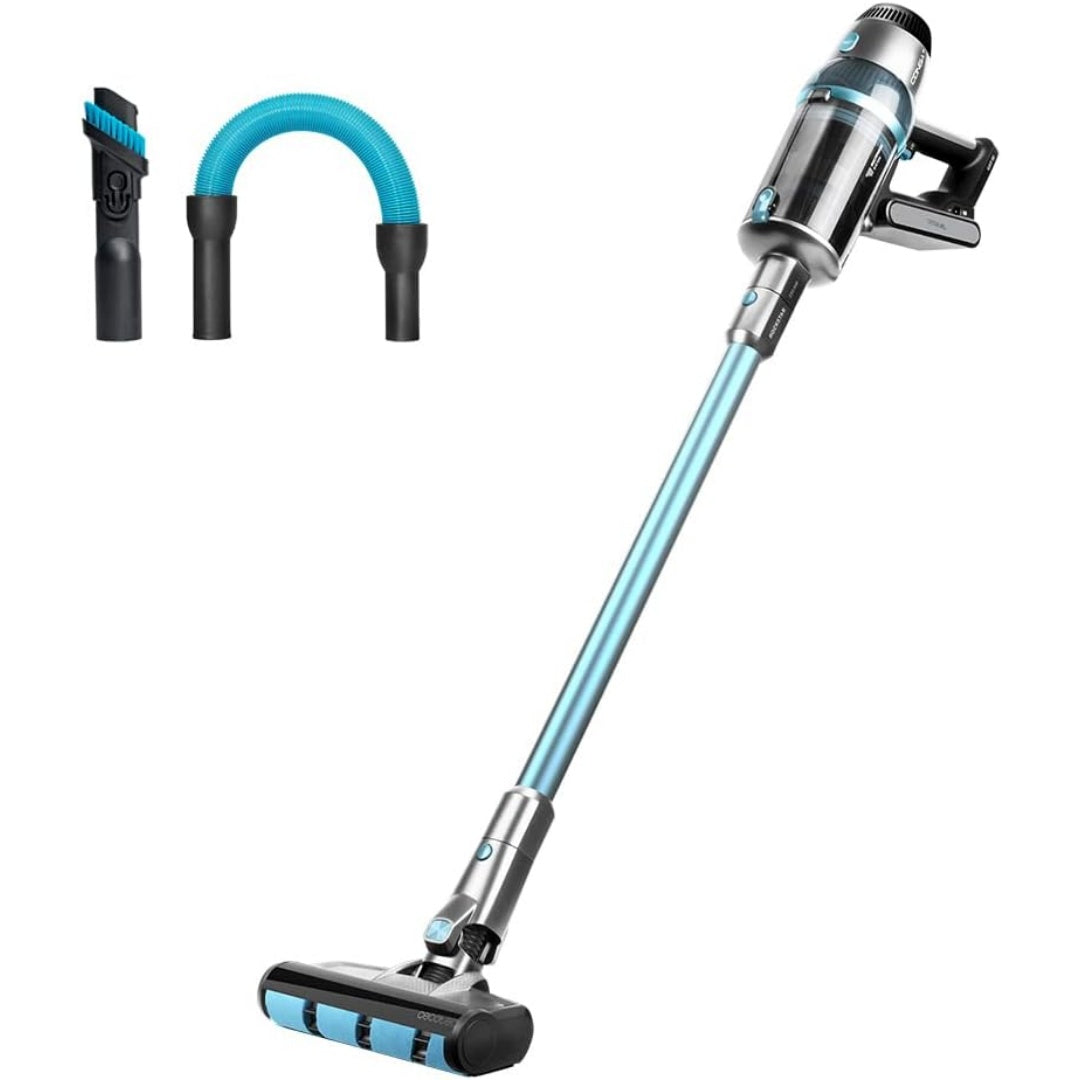 Aspirateur vertical associant l'entretien des sols au coloris gris et bleu