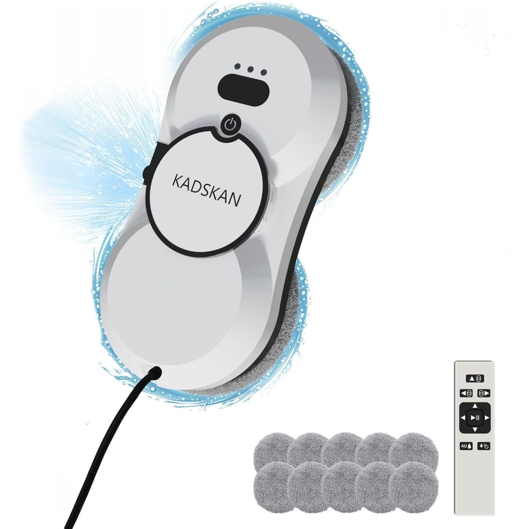 Robot nettoyeur de fenetres associant le nettoyage des surfaces vitrees au coloris blanc et gris