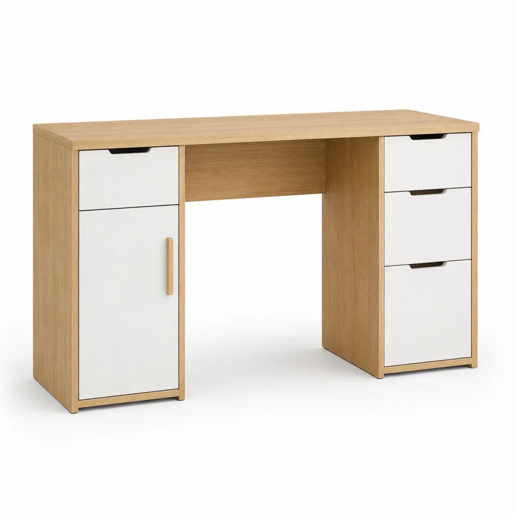 Bureau classique avec 4 tiroirs et porte 120 x 60 x 75 cm panneaux de particules mélaminés chêne clair et blanc