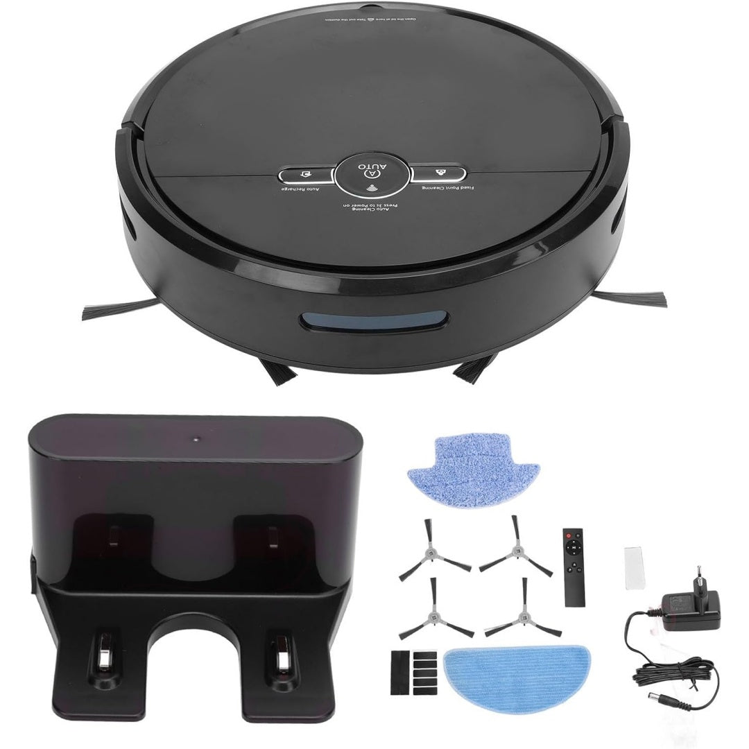 Robot aspirateur, coloris gris et noir, avec une technologie lithium ion