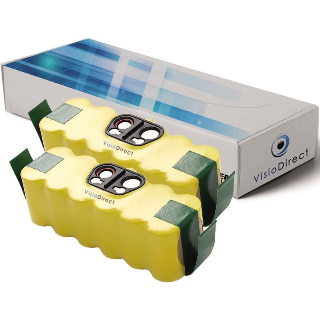 Lot de 2 batteries rechargeables avec une tension annoncee de 14.4 V, coloris gris et jaune