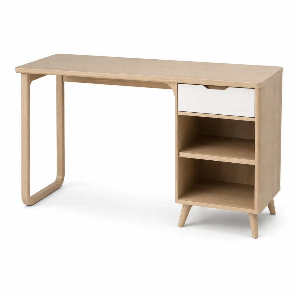 Bureau droit avec tiroir et étagères 120 x 60 x 75 cm en MDF décor chêne rectangulaire beige et blanc