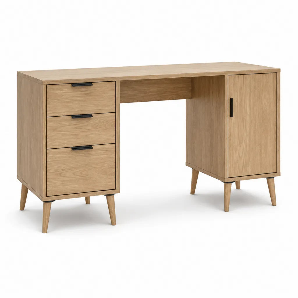Bureau classique avec 3 tiroirs et 1 porte en panneaux de particules mélaminés décor chêne 120 x 60 x 75 cm