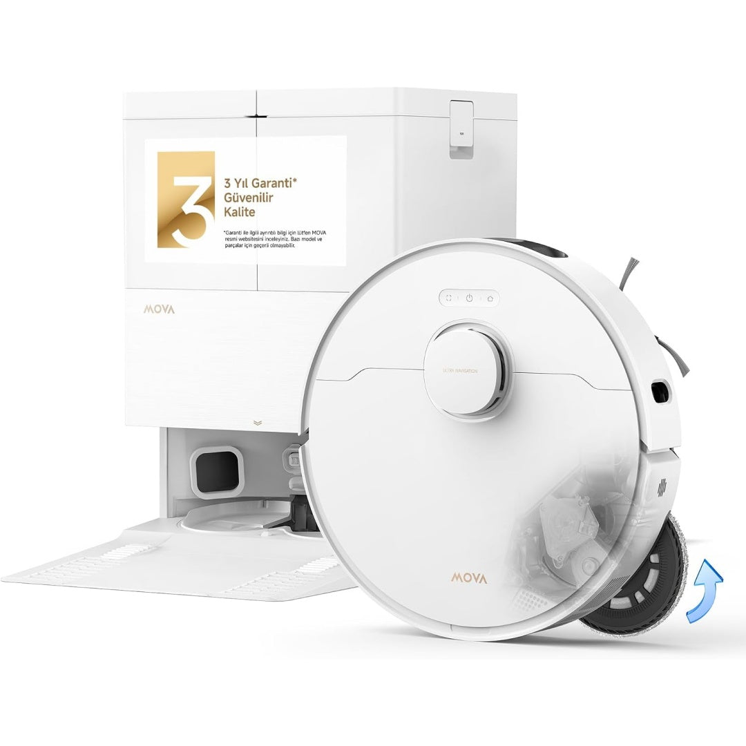 Robot de nettoyage avec base multifonction avec le nettoyage des bords, coloris blanc et gris