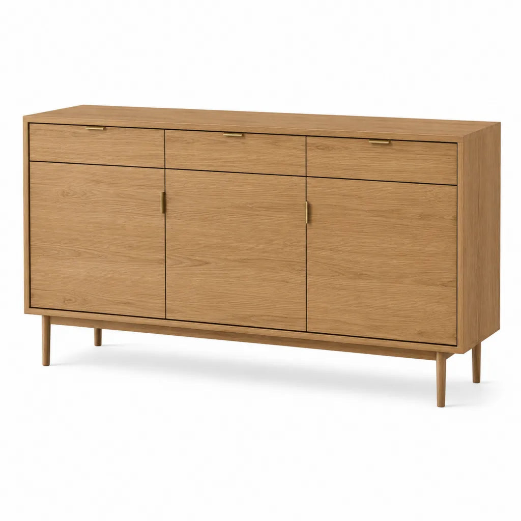 Commode basse 3 portes 3 tiroirs en panneaux MDF plaqués chêne naturel 150 x 40 x 75 cm