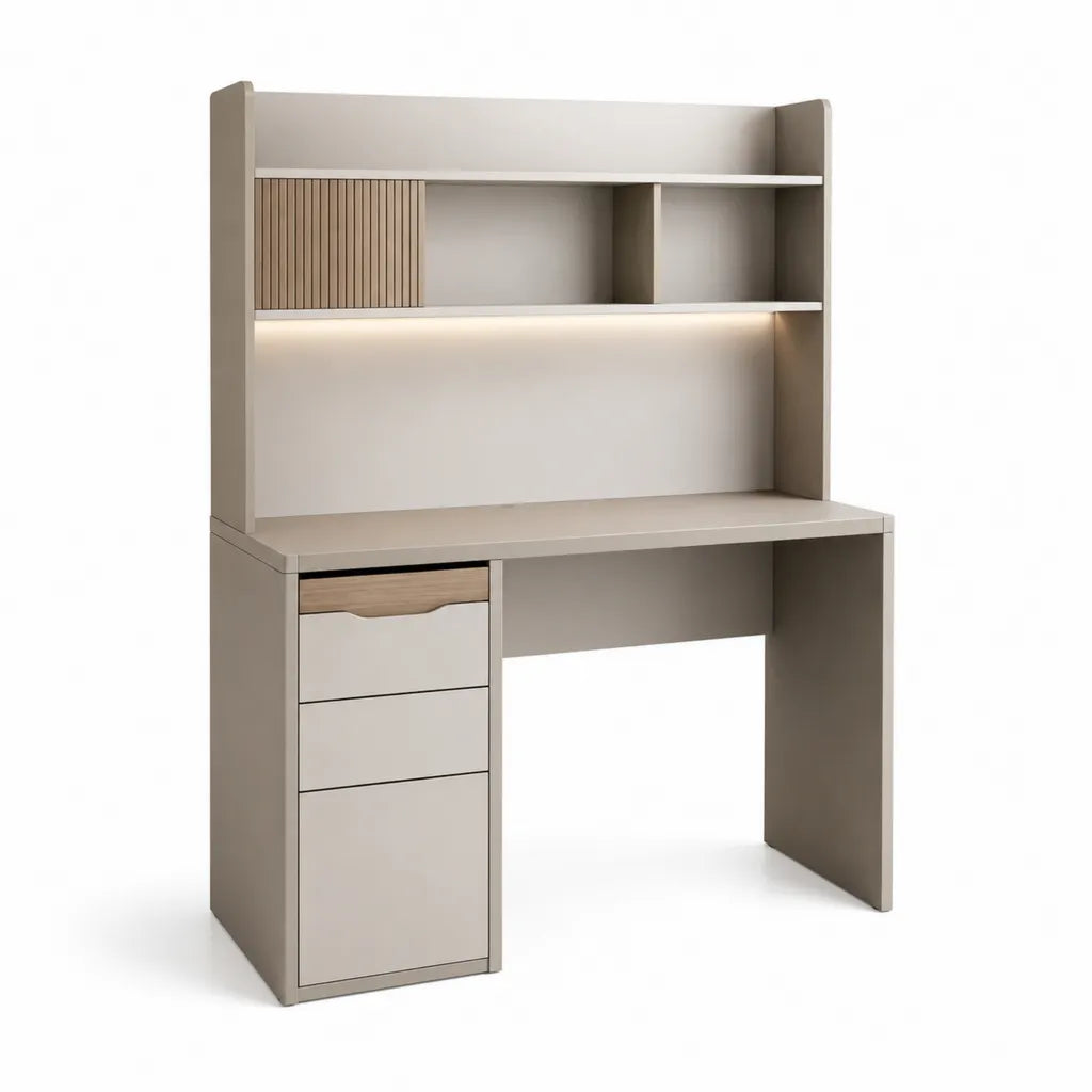 Bureau avec étagères et 3 tiroirs en panneaux de particules mélaminés rectangulaire taupe 100 x 50 x 180 cm