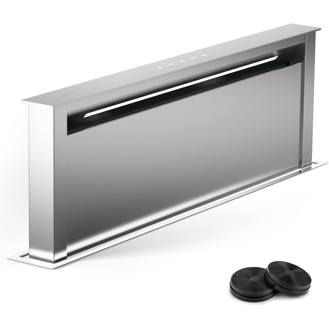 Cette hotte de cuisine associe une filtration au charbon actif et une vitesse reglable
