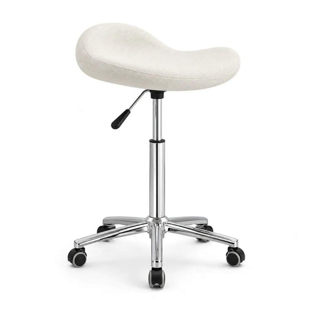Tabouret de bureau à roulettes réglable en hauteur en tissu bouclette polyester blanc 47 x 47 x 48-63 cm
