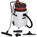 Aspirateur eau et poussiere, coloris blanc et noir, avec une contenance annoncee de 90 l