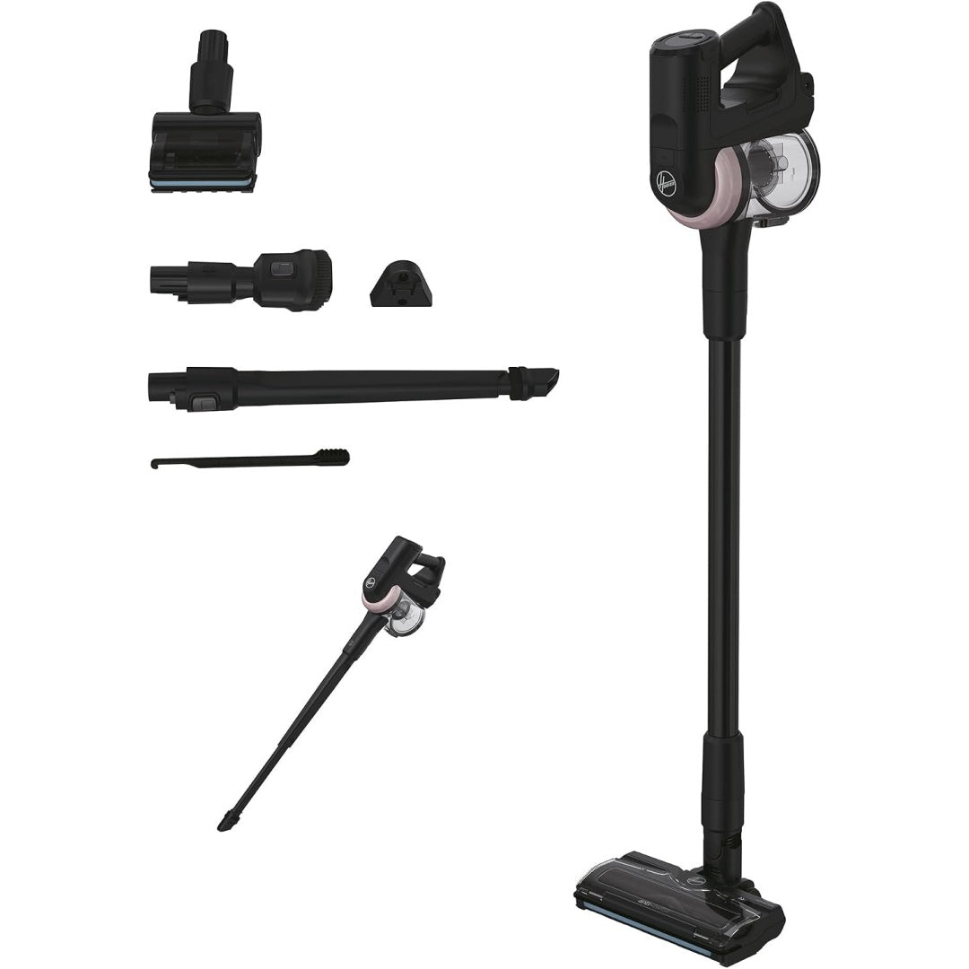 Aspirateur balai, coloris noir et gris, avec un eclairage de la zone de travail