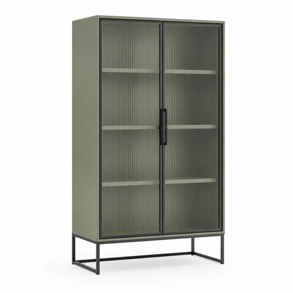 Vitrine de salon 2 portes en acier et verre cannelé rectangulaire vert olive 90 x 40 x 180 cm