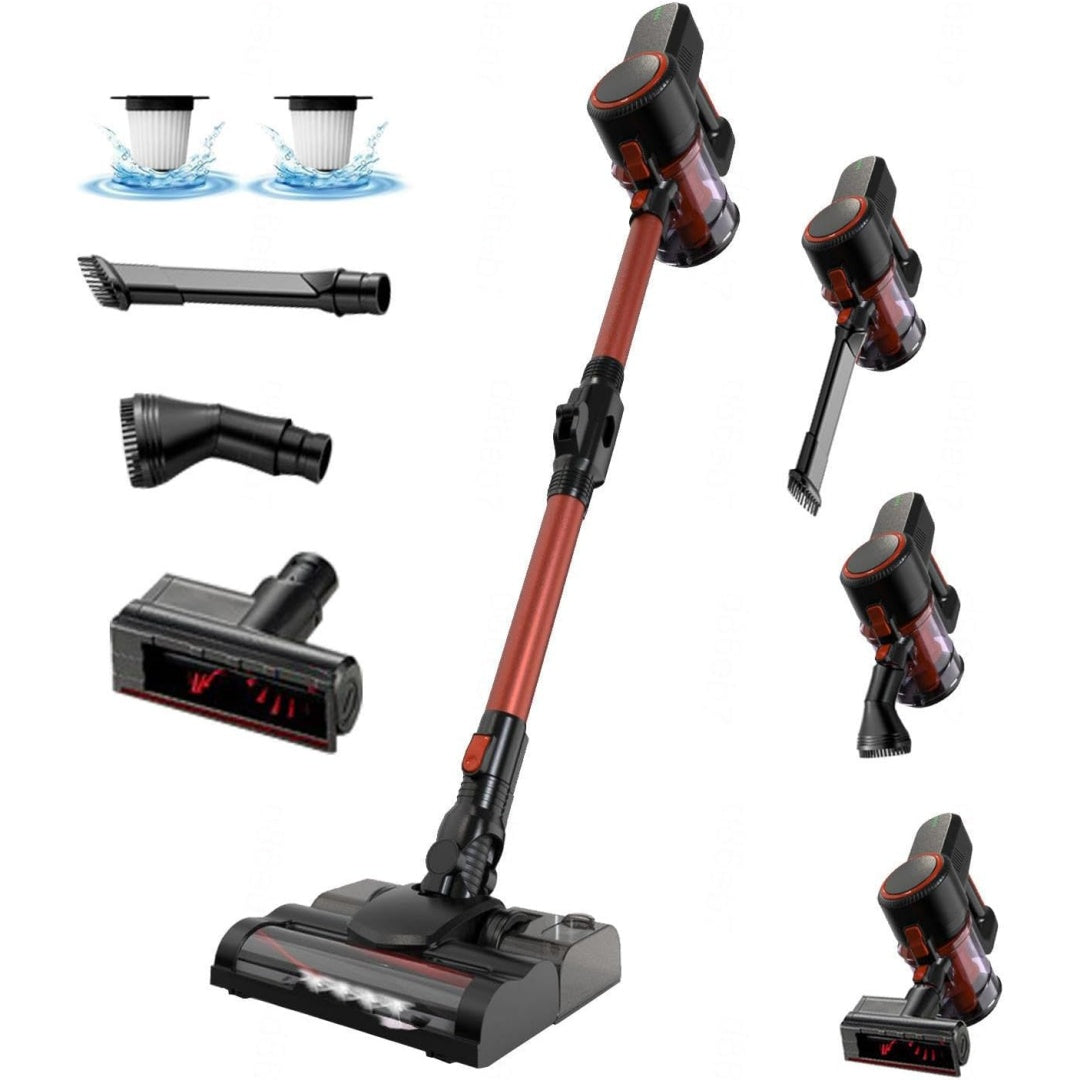 Cet aspirateur balai combine un eclairage de la zone de travail et la collecte des poils