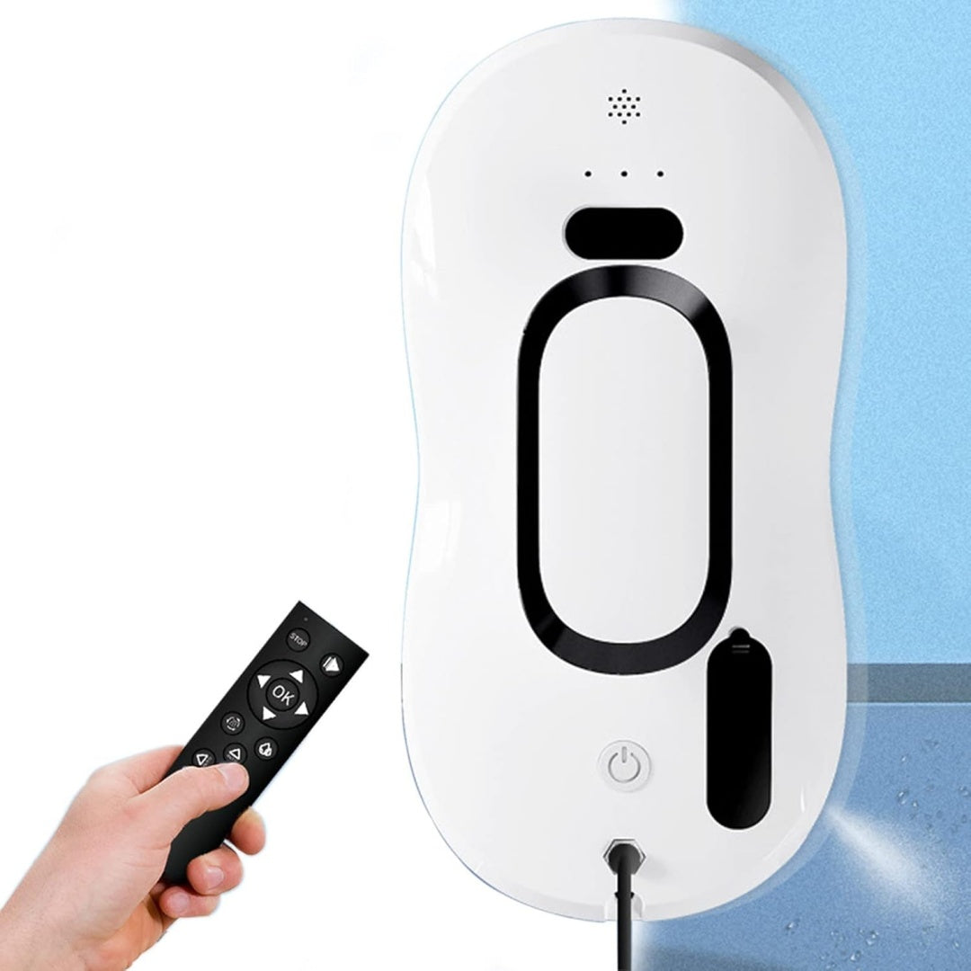 Robot pour surfaces vitrees, coloris blanc et bleu, avec le nettoyage des surfaces vitrees