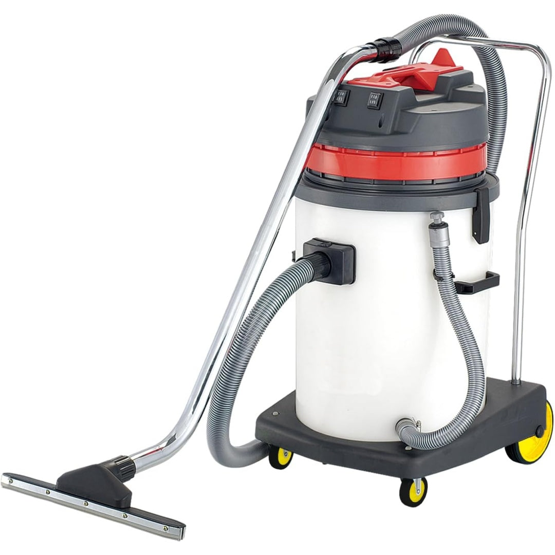 Aspirateur pour liquides et poussieres avec la collecte sans sac, coloris blanc et gris