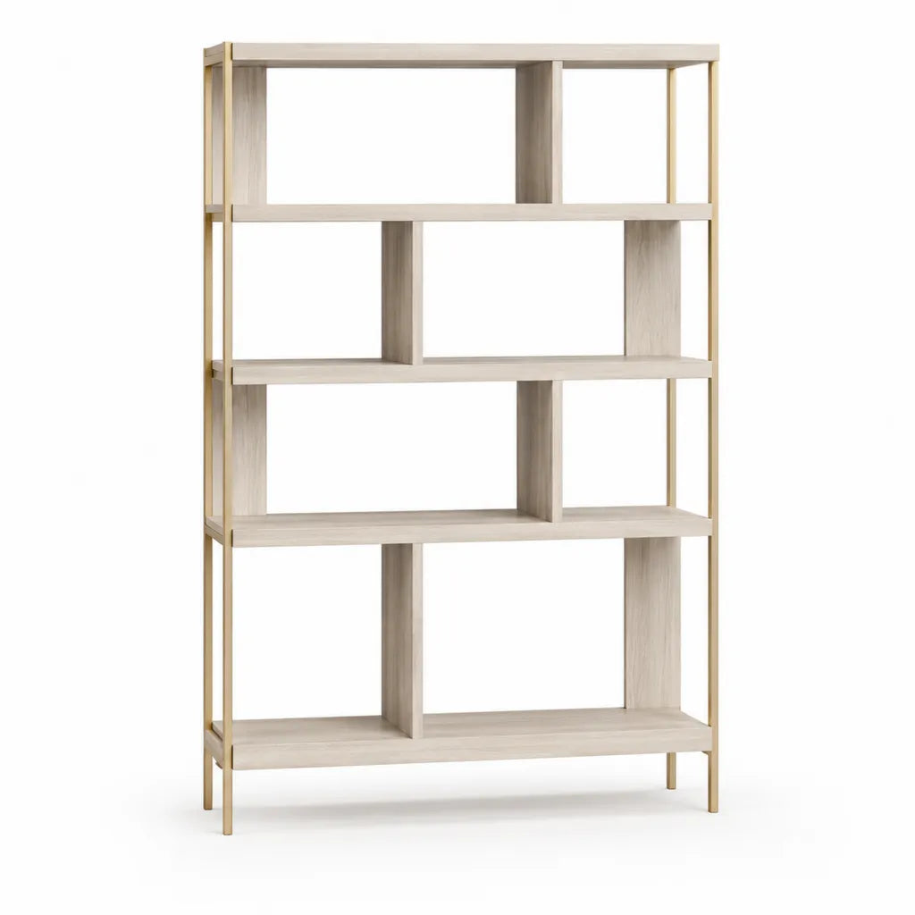 Bibliothèque 4 étagères en MDF décor chêne clair et acier doré rectangulaire 80 x 30 x 160 cm