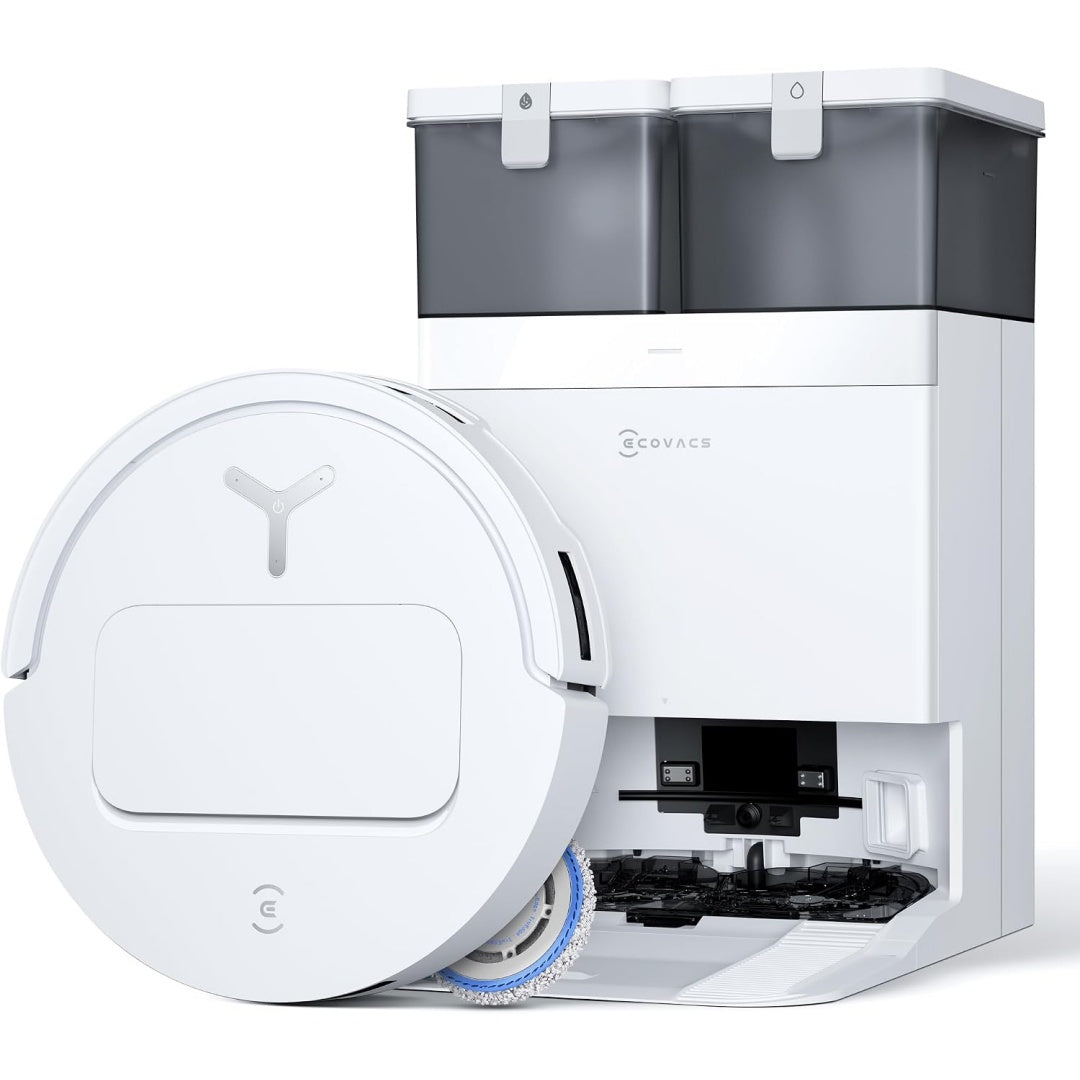 Robot avec station de lavage, coloris blanc et gris, avec le nettoyage des bords