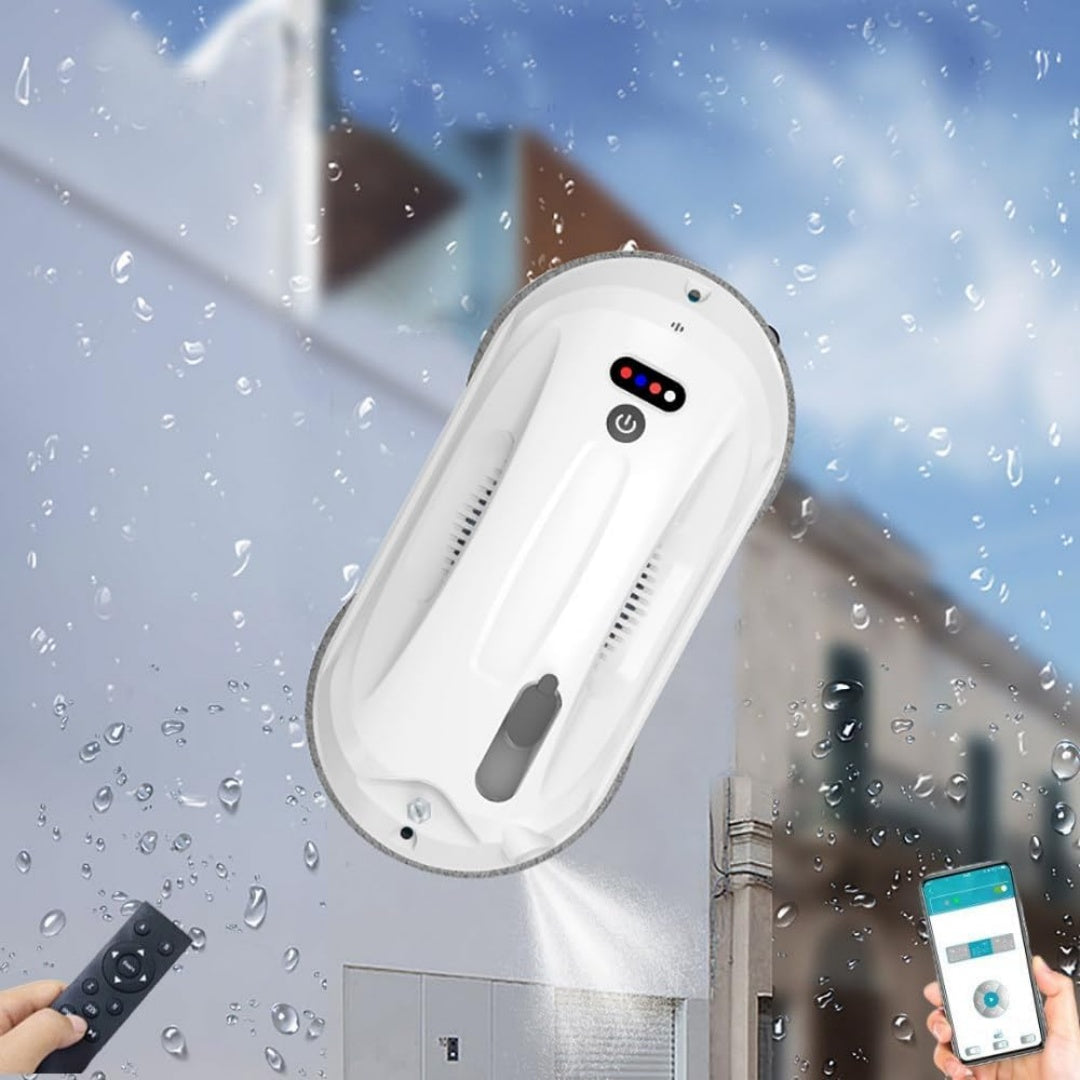 Robot pour surfaces vitrees, coloris gris et blanc, avec le nettoyage des bords