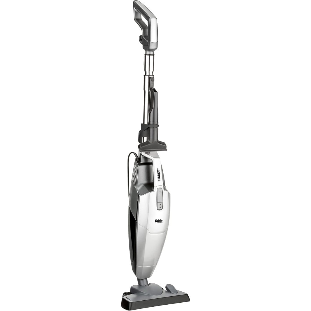 Aspirateur a main avec des dimensions annoncees de 134 x 28 x 15 cm, coloris argente et noir