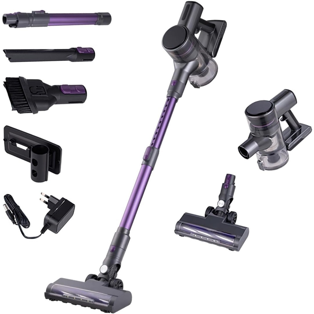 Aspirateur au format balai alliant la collecte des poils et un eclairage de la zone de travail