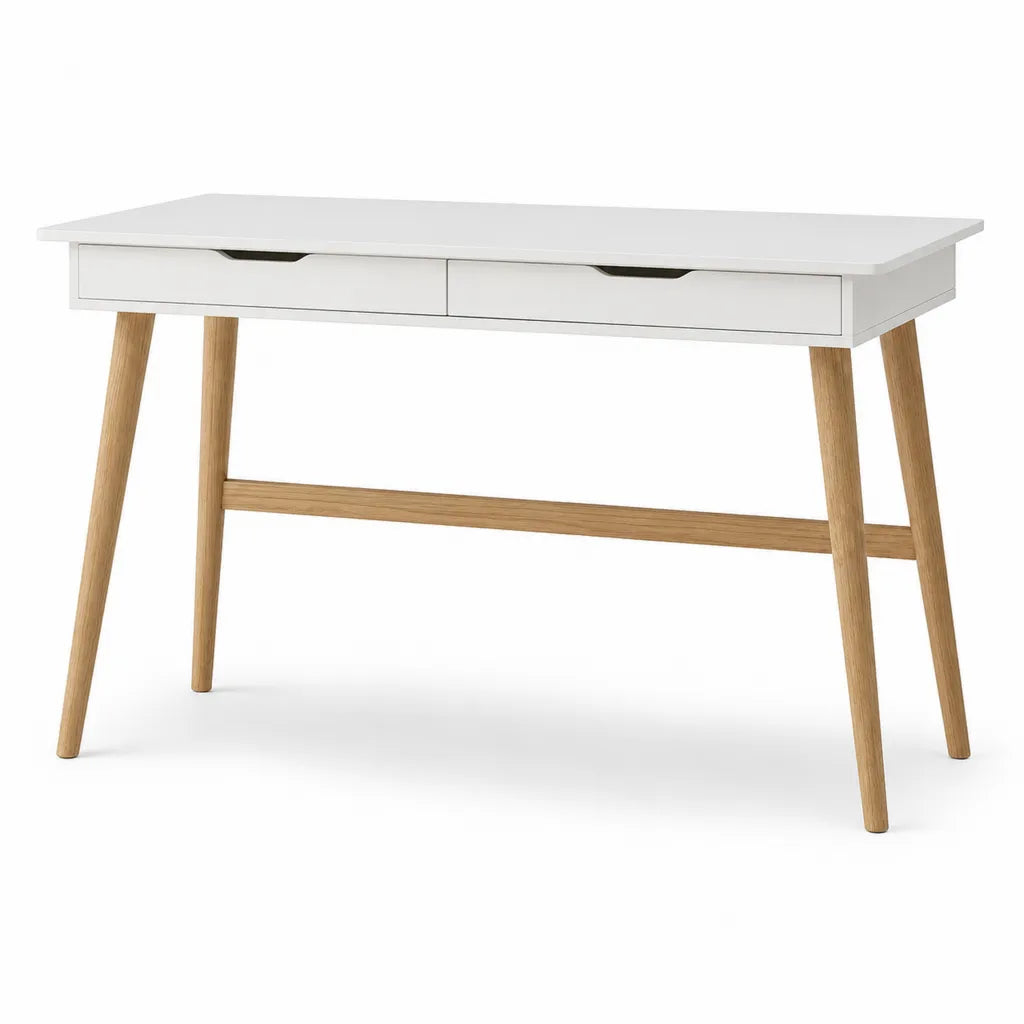 Bureau avec 2 tiroirs 120 x 60 x 75 cm en MDF laqué et bois d'hévéa massif rectangulaire blanc naturel