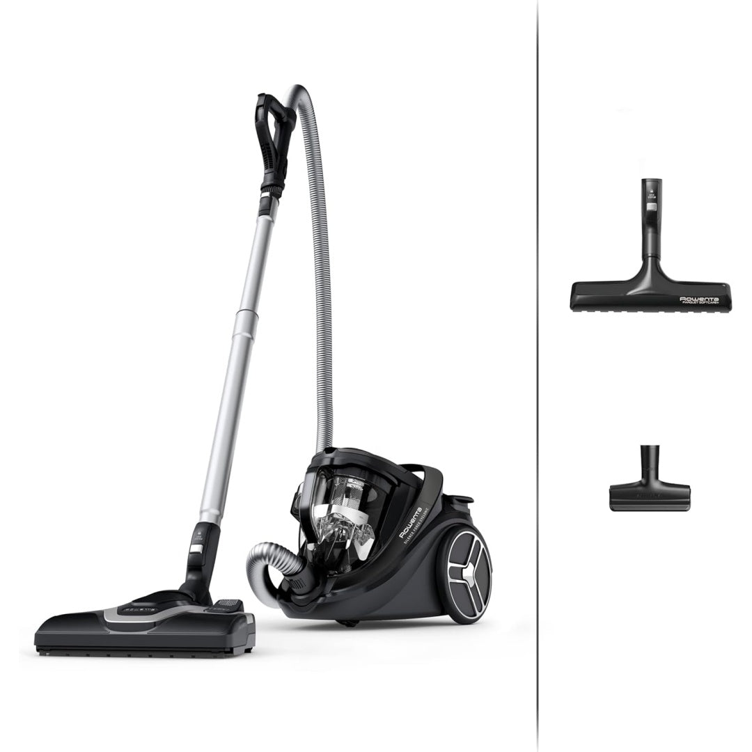Aspirateur au format traineau associant la collecte sans sac au coloris gris et blanc