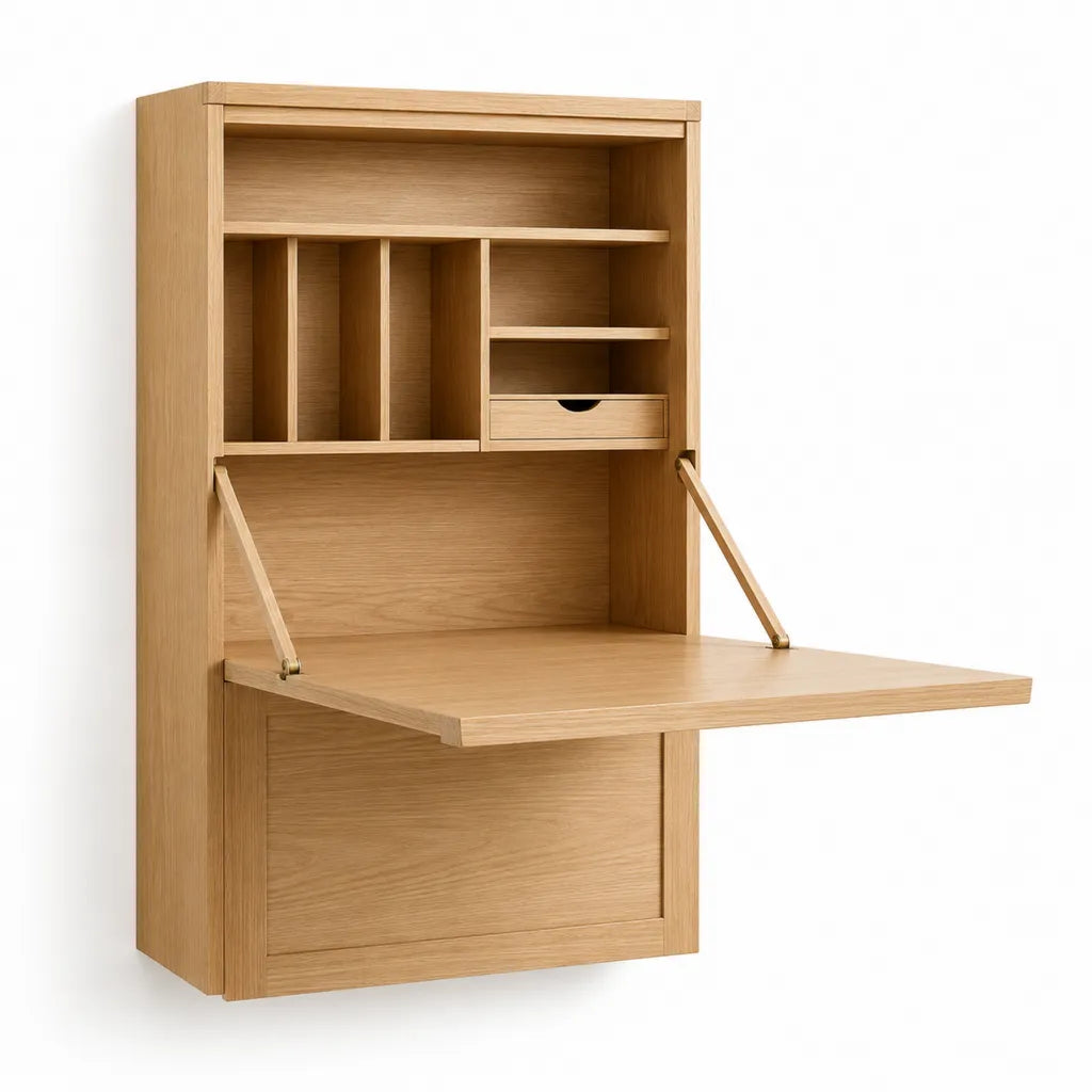 Bureau mural secrétaire rabattable 80 x 25 x 140 cm en panneaux MDF plaqués chêne rectangulaire chêne naturel