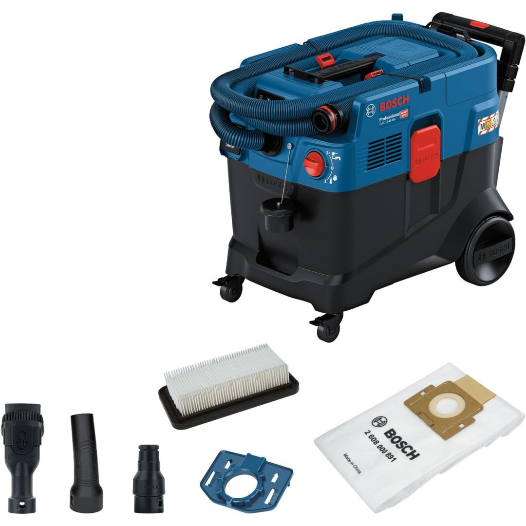 Aspirateur mixte associant un tube telescopique au coloris noir et bleu