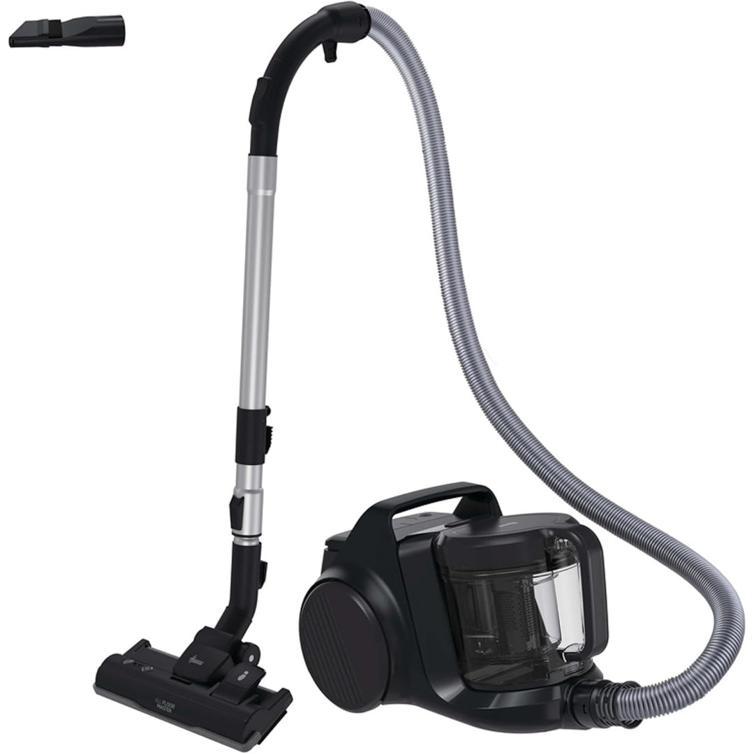 Cet aspirateur au format traineau associe une contenance annoncee de 2,5 l et un format compact