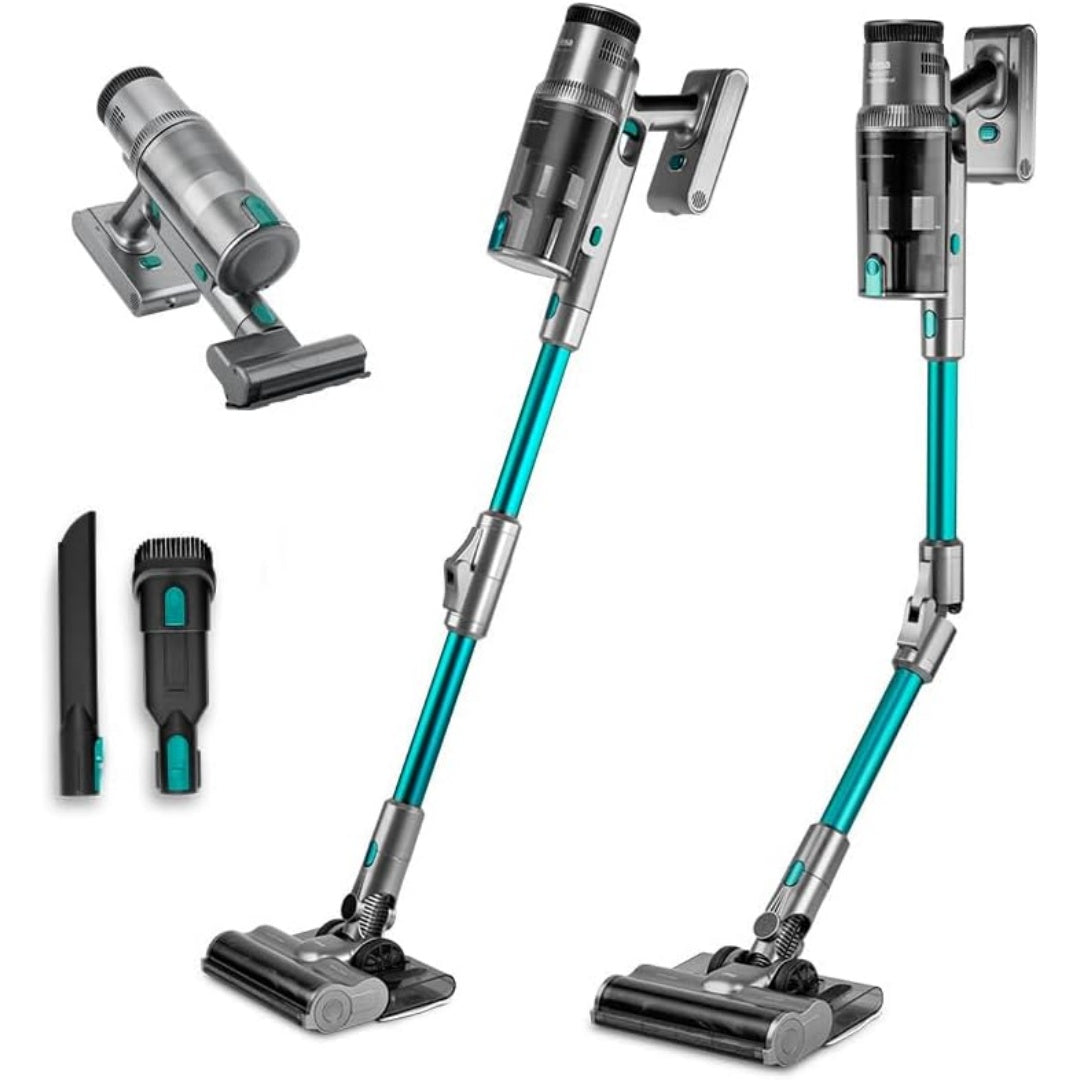 Aspirateur au format balai integrant une separation cyclonique et le nettoyage des tissus