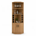 Vitrine d'angle bar avec porte-verres et range-bouteilles en panneaux de particules décor chêne 75 x 45 x 180 cm