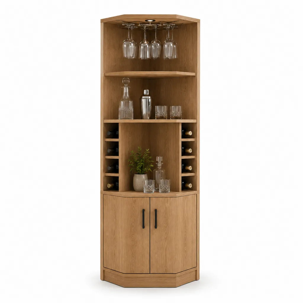 Vitrine d'angle bar avec porte-verres et range-bouteilles en panneaux de particules décor chêne 75 x 45 x 180 cm